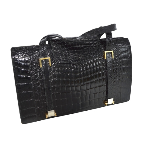 515 - BLACK CROCODILE SKIN STRUCTURED HAND BAG with two large inner compartments and a third large zipped ... 