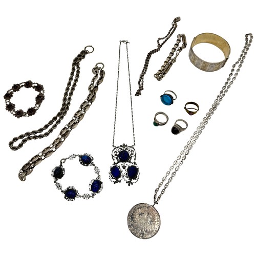 541 - VARIOUS SILVER CHAINS, A BANGLE, PENDANT AND 3 RINGS