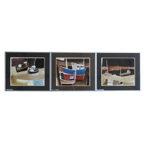 350 - ARTHUR FREEMAN (1927-1992) THREE WATER COLOURS, entitled: 'Two Beached Brown Boats' (34 x 42 cm)'Boa... 