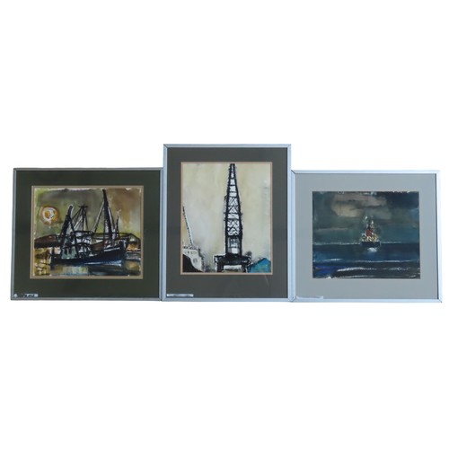 351 - ARTHUR FREEMAN (1927-1992) 'NIGHT HARBOUR', 'FOLKESTONE' & 'CRANE' WATER COLOURS34 x 41 cm max... 