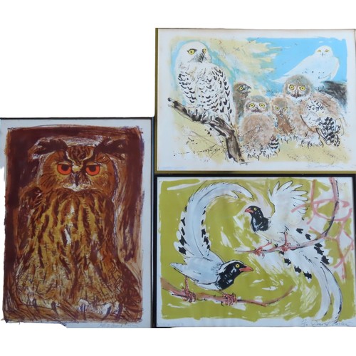 371 - DAVID KOSTER (1926-2014) 'OWL', 'SNOWY OWL FAMILY' & 'MAGPIES' LITHOGRAPHS, signed and numbered'... 