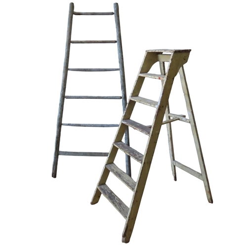 48 - A VINTAGE FRENCH ORCHARD LADDER AND FOLDING STEP LADDEROrchard ladder 187cm high Step ladder 142cm... 