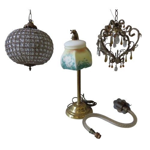 330 - A VINTAGE GLOBE CHANDELIER, FRENCH GLASS DROP CHANDELIER AND A BRASS DESK LAMP, the adjustable desk ... 