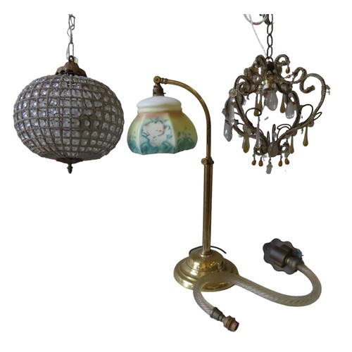 330 - A VINTAGE GLOBE CHANDELIER, FRENCH GLASS DROP CHANDELIER AND A BRASS DESK LAMP, the adjustable desk ... 