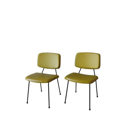 49 - A PAIR OF VINTAGE THONET CM196 CHAIRS BY PIERRE PAULIN, the back and seat panels covered in a mustar... 