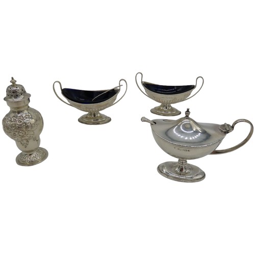 582 - A PAIR OF SILVER SALTS, MUSTARD POT AND PEPPERETTE, the fluted oval form salts with twin scroll hand... 