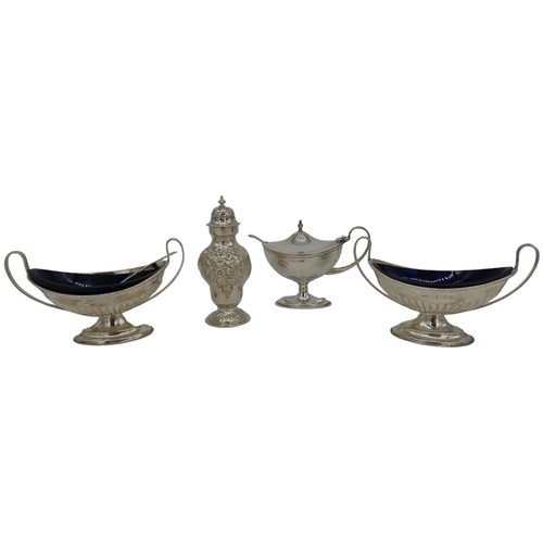 582 - A PAIR OF SILVER SALTS, MUSTARD POT AND PEPPERETTE, the fluted oval form salts with twin scroll hand... 