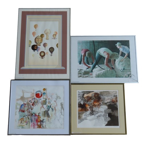 361 - THREE POLYCHROME LITHOGRAPHS AND A WATERCOLOUR PAINTING consisting of PETE MATTHEWS 'Burnt Hill' 197... 