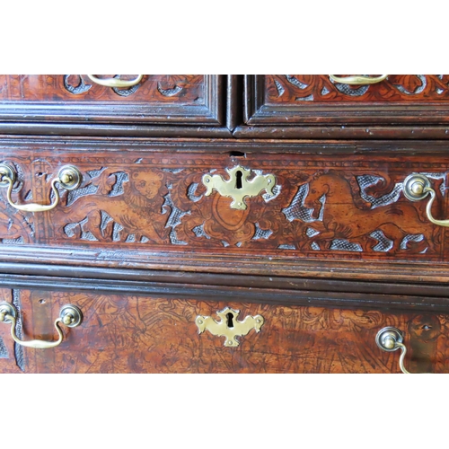 73 - A CONTINENTAL CEDAR WOOD AND PENWORK CHEST OF DRAWERS, 18TH CENTURY, possibly Italian, two short dra... 