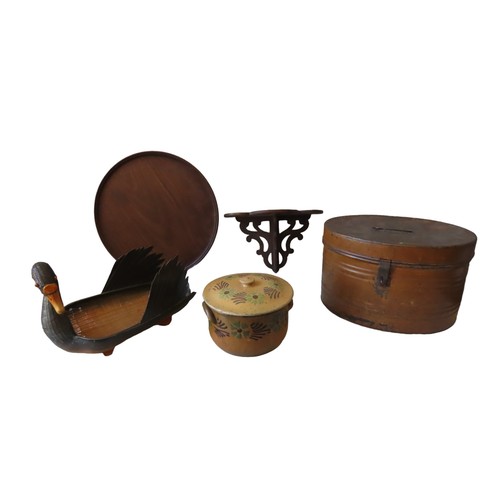 605 - FRENCH GLAZED EARTHENWARE COOKING POT AND A VINTAGE TIN HAT BOX together with a Mahogany circular ta... 