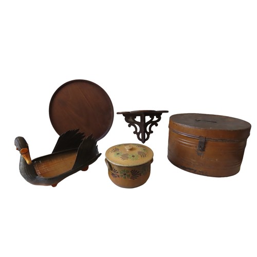 605 - FRENCH GLAZED EARTHENWARE COOKING POT AND A VINTAGE TIN HAT BOX together with a Mahogany circular ta... 