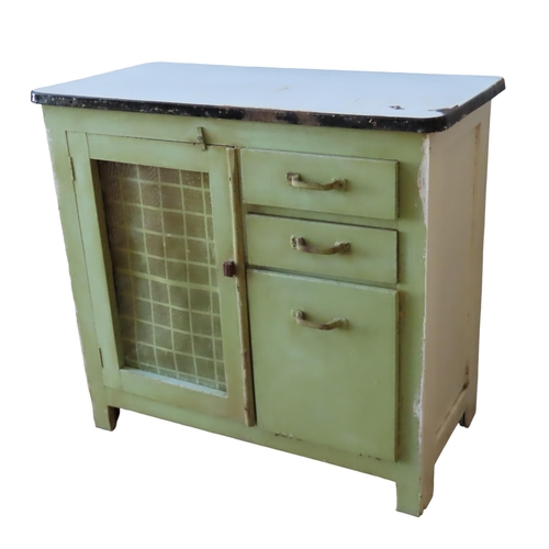 35 - A VINTAGE ENAMEL TOP PASTRY TABLE AND ENAMEL TOP KITCHEN CUPBOARD