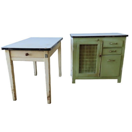 35 - A VINTAGE ENAMEL TOP PASTRY TABLE AND ENAMEL TOP KITCHEN CUPBOARD