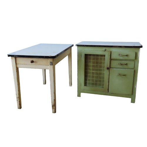 35 - A VINTAGE ENAMEL TOP PASTRY TABLE AND ENAMEL TOP KITCHEN CUPBOARD