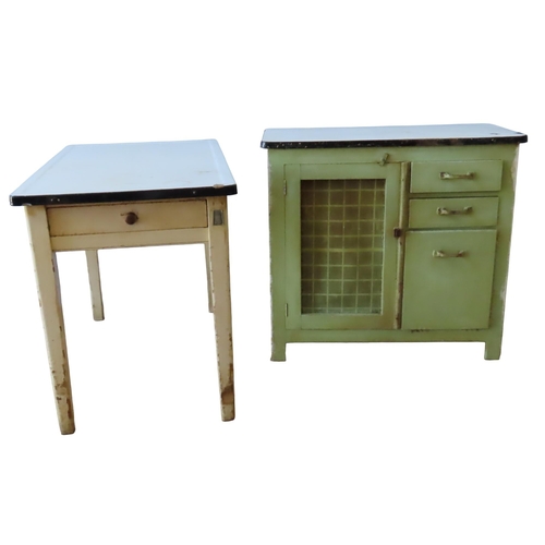 35 - A VINTAGE ENAMEL TOP PASTRY TABLE AND ENAMEL TOP KITCHEN CUPBOARD