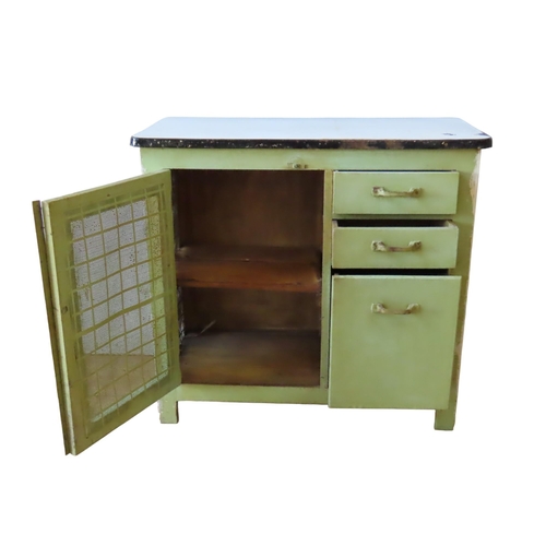 35 - A VINTAGE ENAMEL TOP PASTRY TABLE AND ENAMEL TOP KITCHEN CUPBOARD