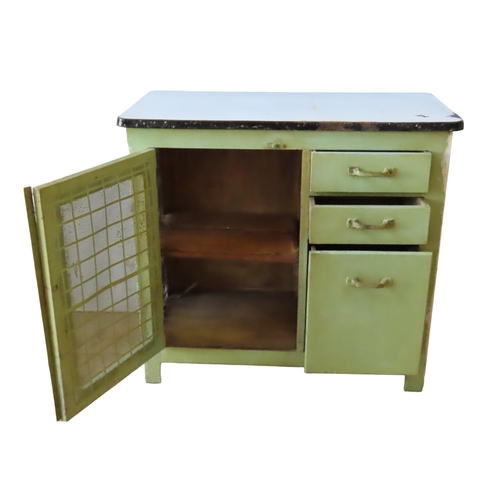 35 - A VINTAGE ENAMEL TOP PASTRY TABLE AND ENAMEL TOP KITCHEN CUPBOARD