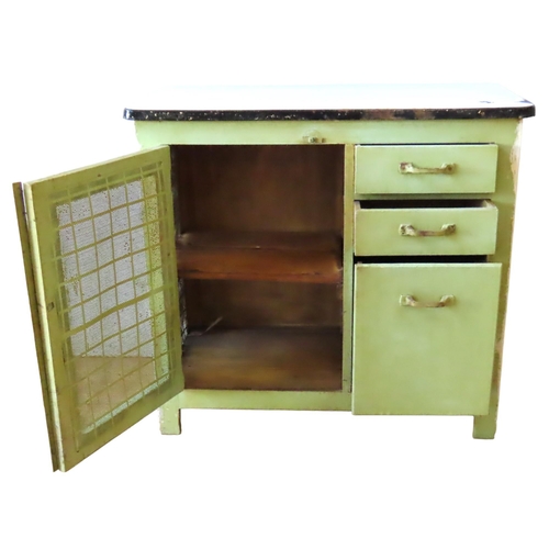 35 - A VINTAGE ENAMEL TOP PASTRY TABLE AND ENAMEL TOP KITCHEN CUPBOARD