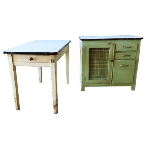 35 - A VINTAGE ENAMEL TOP PASTRY TABLE AND ENAMEL TOP KITCHEN CUPBOARD