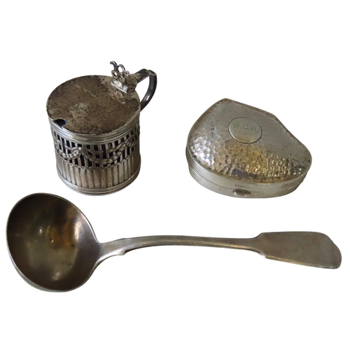 578 - A PLANISHED SILVER PIPE CASE, MUSTARD POT AND SAUCE LADLE, the monogrammed pipe case marked Birmingh... 