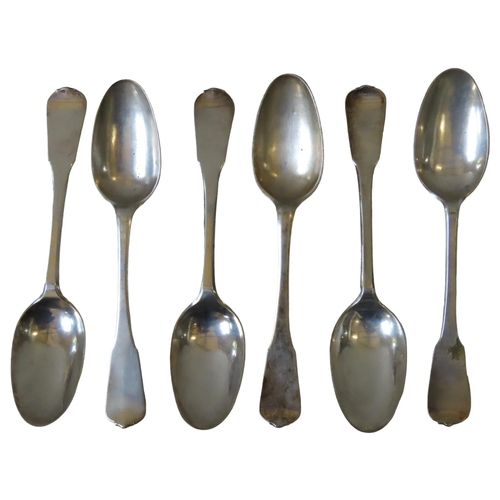 585 - A SET OF SIX CONTINENTAL SILVER DESSERT SPOONS, monogrammed C.F and dated 1804, the back of each bow... 