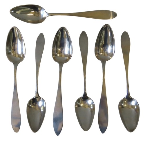 577 - A SET OF SIX WHITE METAL TABLE SPOONS, with elegant tapered handles, marked '12' & 'Friche' (23 ... 