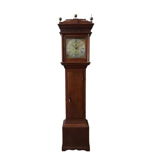 96 - AN 8-DAY OAK LONGCASE CLOCK, the 12 inch brass dial signed Gilbert Pemble, Eythorn in the foliate en... 