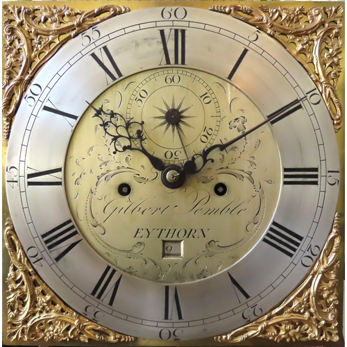 96 - AN 8-DAY OAK LONGCASE CLOCK, the 12 inch brass dial signed Gilbert Pemble, Eythorn in the foliate en... 