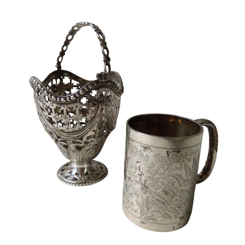 586 - A VICTORIAN SILVER CHRISTENING MUG AND SUGAR BASKET, the christening mug engraved 'Sheila' with chas... 