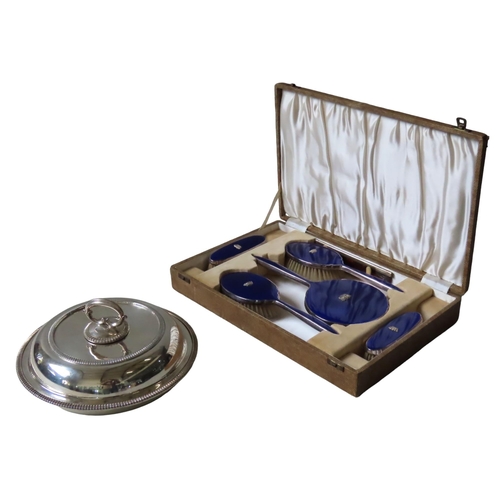 576 - A VINTAGE DRESSING TABLE SET AND SILVER PLATED ENTRE DISH, the boxed 6-piece dressing table set with... 