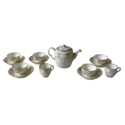 301 - A WORCESTER CREAM GLAZED PART TEA SET, LATE 18TH/EARLY 19TH CENTURY, lobed form with gilded ribbon t... 