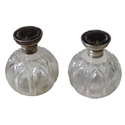 587 - A PAIR OF VINTAGE GLASS SCENT BOTTLES, lobed globular form with with silver and tortoiseshell hinged... 