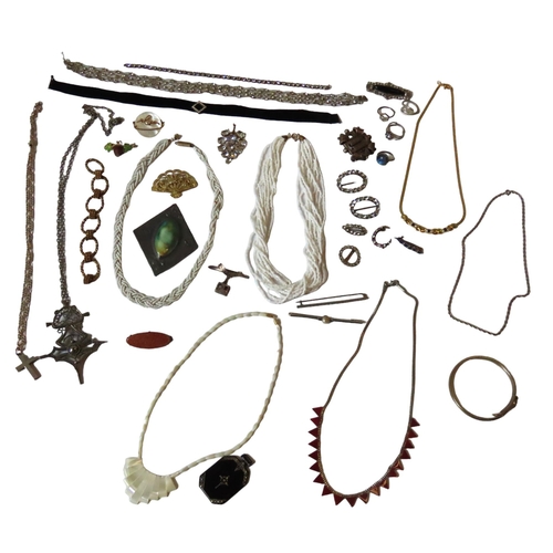 527 - A MIXED GROUP OF COSTUME JEWELLERY, the lot includes a snake bangle, silver crucifix on chain, and n... 