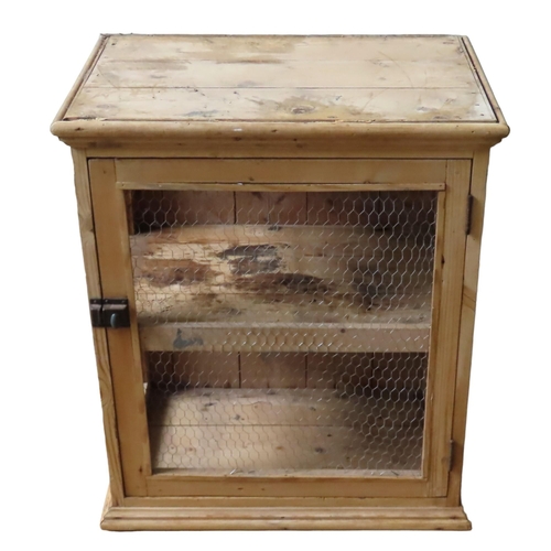 11 - A WAXED PINE FOOD SAFE, 19TH CENTURY, with wire panelled sides and door, opening to reveal an interi... 