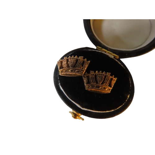 542 - A PAIR OF 9CT GOLD CROWN FORM STUD EARRINGS, together with two dress rings and a boxed button set