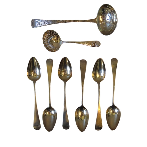 584 - TWO SILVER SUGAR SIFTING SPOONS AND A SET OF SIX SILVER TEA SPOONS, the teaspoons marked Christian R... 