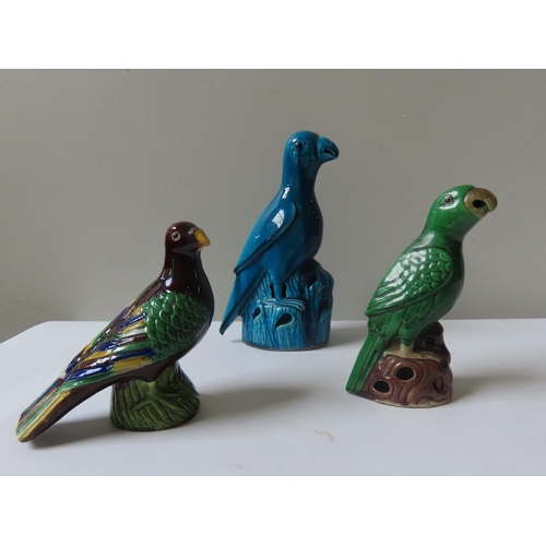 159 - THREE CHINESE GLAZED POTTERY FIGURES OF BIRDS QING DYNASTY26cm, 18cm and 15cm high