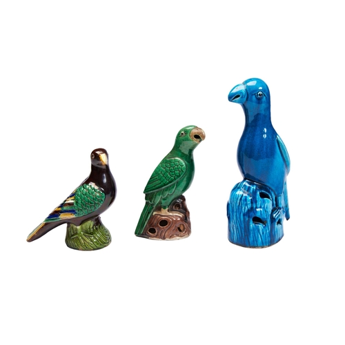 159 - THREE CHINESE GLAZED POTTERY FIGURES OF BIRDS QING DYNASTY26cm, 18cm and 15cm high