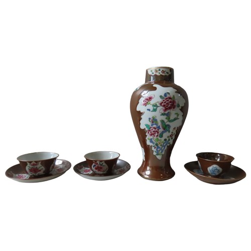 197 - GROUP OF CHINESE FAMILLE ROSE CAFE AU LAIT WARES 18th, 19th Century comprising a vase and three tea ... 