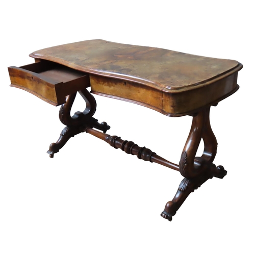 63 - A VICTORIAN BURR WALNUT LIBRARY TABLE, the quarter veneered rectangular top with moulded serpentine ... 