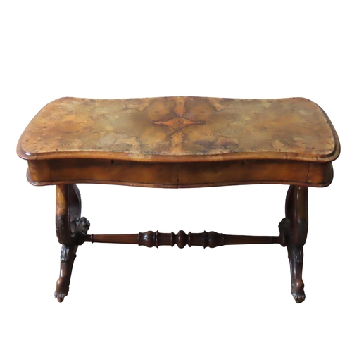 63 - A VICTORIAN BURR WALNUT LIBRARY TABLE, the quarter veneered rectangular top with moulded serpentine ... 