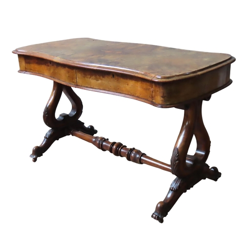 63 - A VICTORIAN BURR WALNUT LIBRARY TABLE, the quarter veneered rectangular top with moulded serpentine ... 