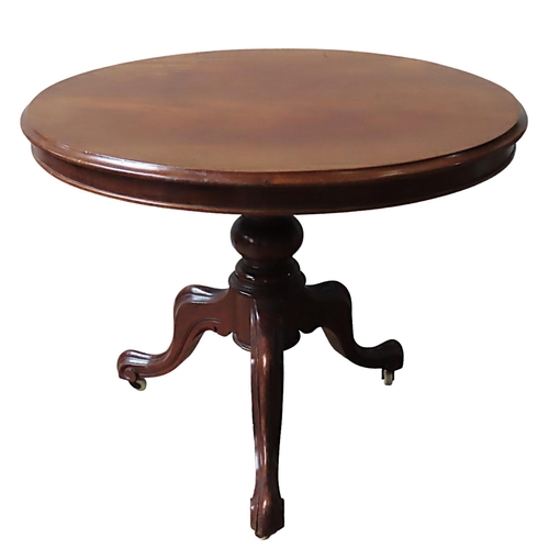 45 - A VICTORIAN MAHOGANY TRIPOD TABLE, the moulded edge circular tilting top raised on a turned baluster... 