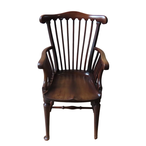 57 - A LATE VICTORIAN MAHOGANY 'CLERIC'S' ELBOW CHAIR, yoke form top rail over undulating slats, the sadd... 