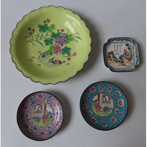 126 - CHINESE CANTON ENAMEL WARES 19TH/20TH CENTURY comprising three small dishes, a scalloped dish and a ... 