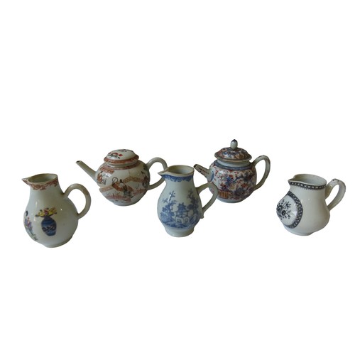 182 - THREE CHINESE EXPORT SPARROW BEAKED JUGS QIANLONG PERIOD TOGETHER WITH two Chinese export teapots Qi... 