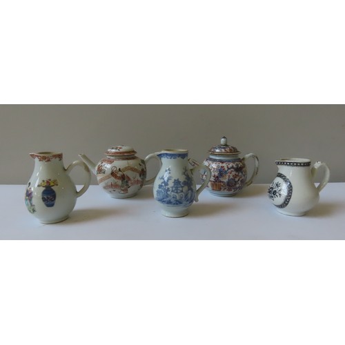 182 - THREE CHINESE EXPORT SPARROW BEAKED JUGS QIANLONG PERIOD TOGETHER WITH two Chinese export teapots Qi... 