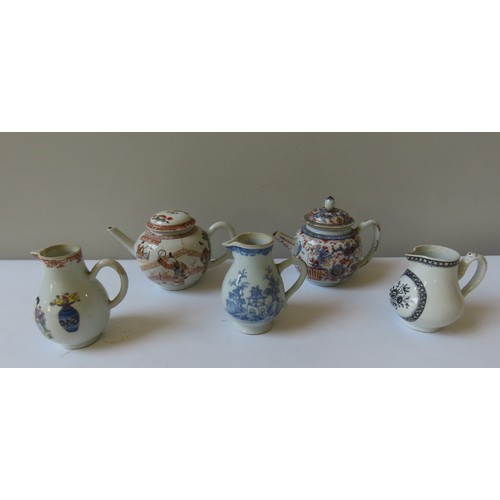 182 - THREE CHINESE EXPORT SPARROW BEAKED JUGS QIANLONG PERIOD TOGETHER WITH two Chinese export teapots Qi... 