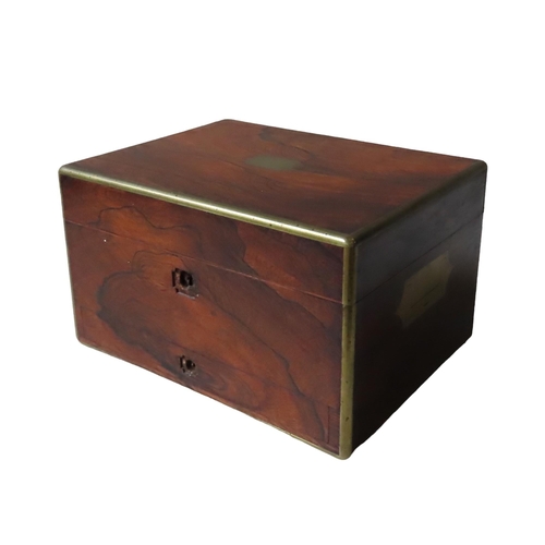 511 - A VICTORIAN ROSEWOOD AND BRASS MOUNTED TOILET BOX, with inset brass campaign handles, sprung secret ... 