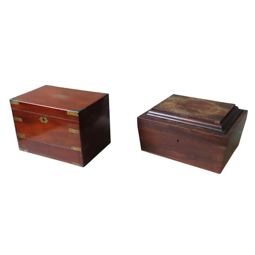 509 - A VICTORIAN MAHOGANY AND BRASS BOUND CAMPAIGN BOX, with two spring loaded hidden drawers and compart... 